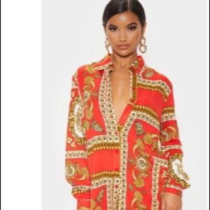 PLT Red scarf Print Oversized shirt and pants